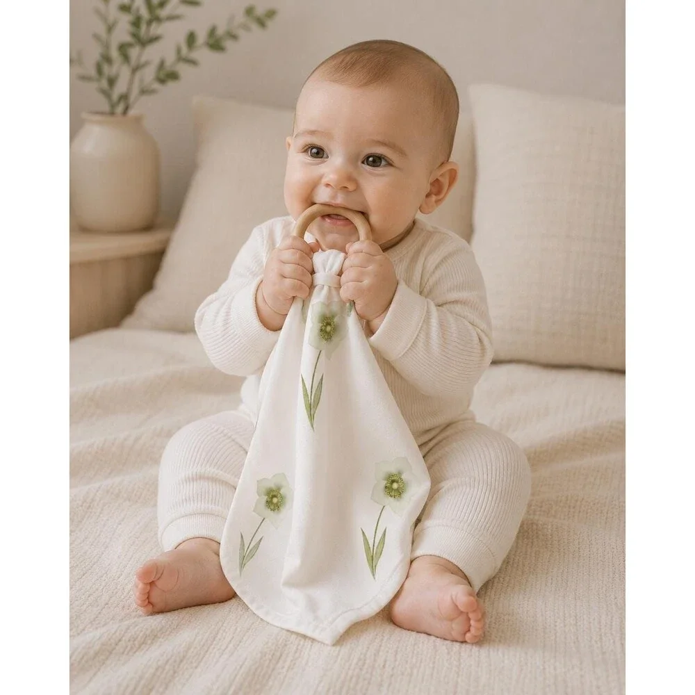 Organic Lovey With Wooden Ring December Birth Flower Baby Gift Teething Blanket